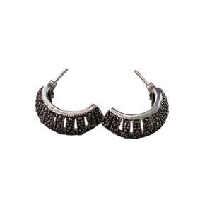 Vintage 925 Sterling Silver Marcasite Half Hoop Earrings 1"